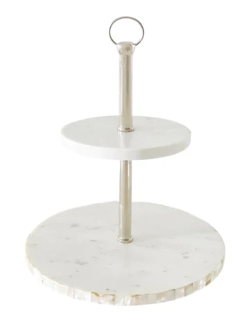White Marble 2 Tier Cake Stand With Pearl Inlay