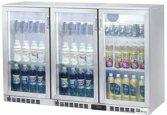 Inox barfrigo met 3 glazen klapdeuren: