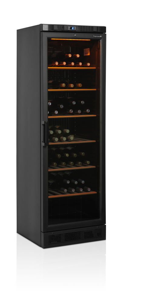 Zwarte wijnkoeler met glas deur 595 x 640 x 1840