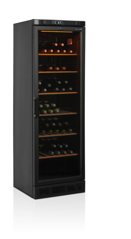 Zwarte wijnkoeler met glas deur 595 x 640 x 1840