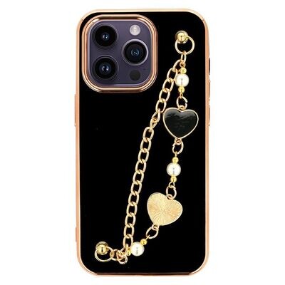 Luxus Cover Case für iPhone 14 Pro (6,1") Herz Armband Handyhülle Schutzhülle Schwarz Mus.3
