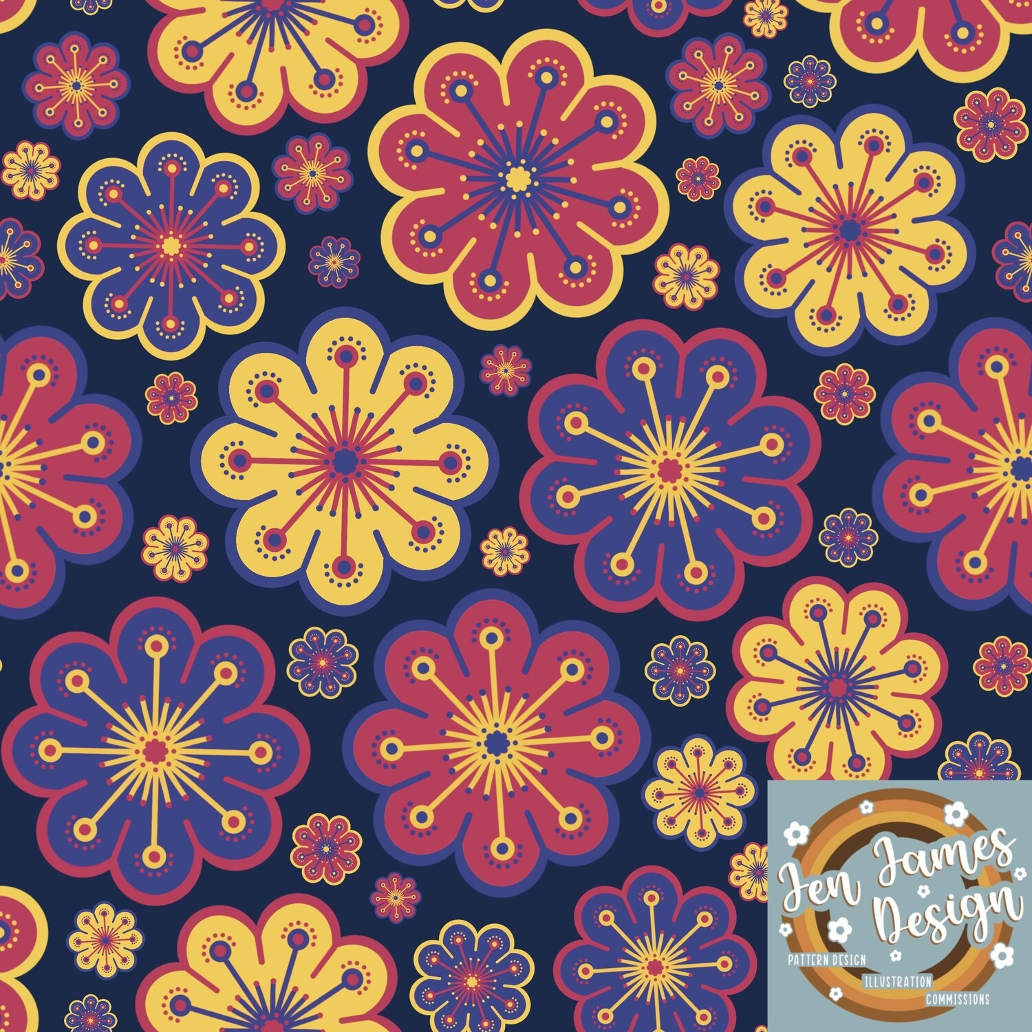 Symmetrical Floral- Seamless Tile Pattern, Colour way: Pink/Yellow/Purple