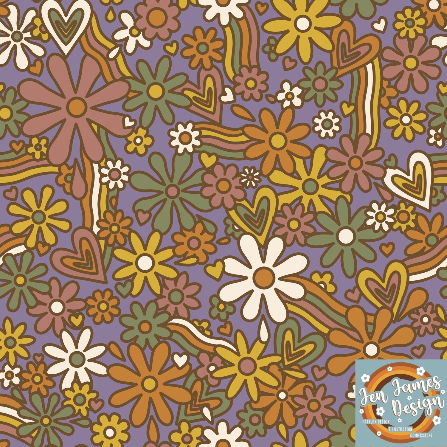 Retro flowers and waves- Seamless Tile Pattern, Base colour: Lilac