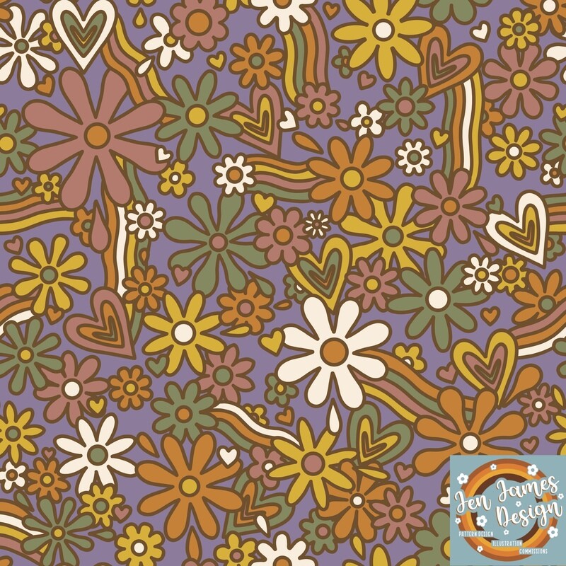 Retro flowers and waves- Seamless Tile Pattern