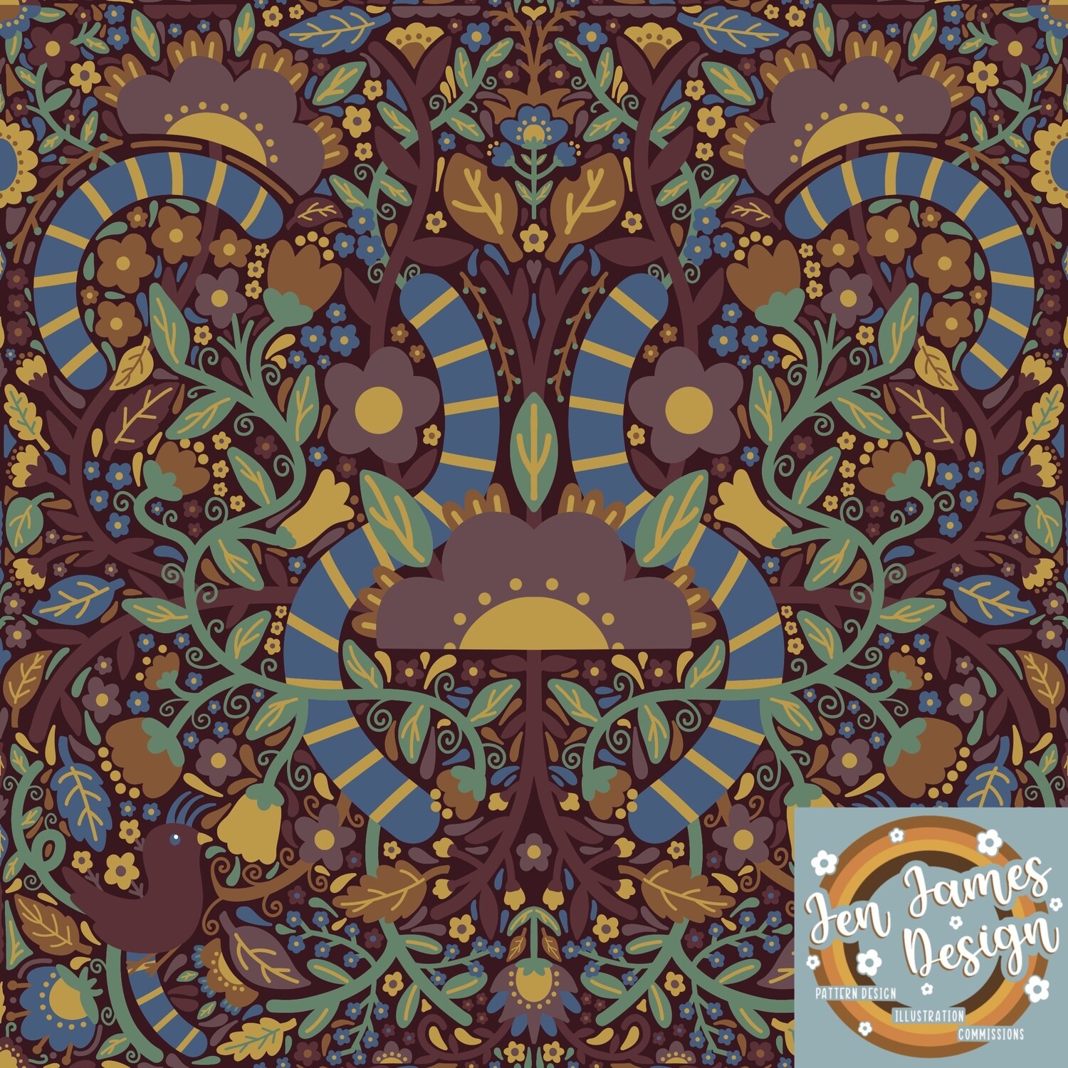 Classical Botanical- Seamless Tile Pattern, Base colour: Maroon