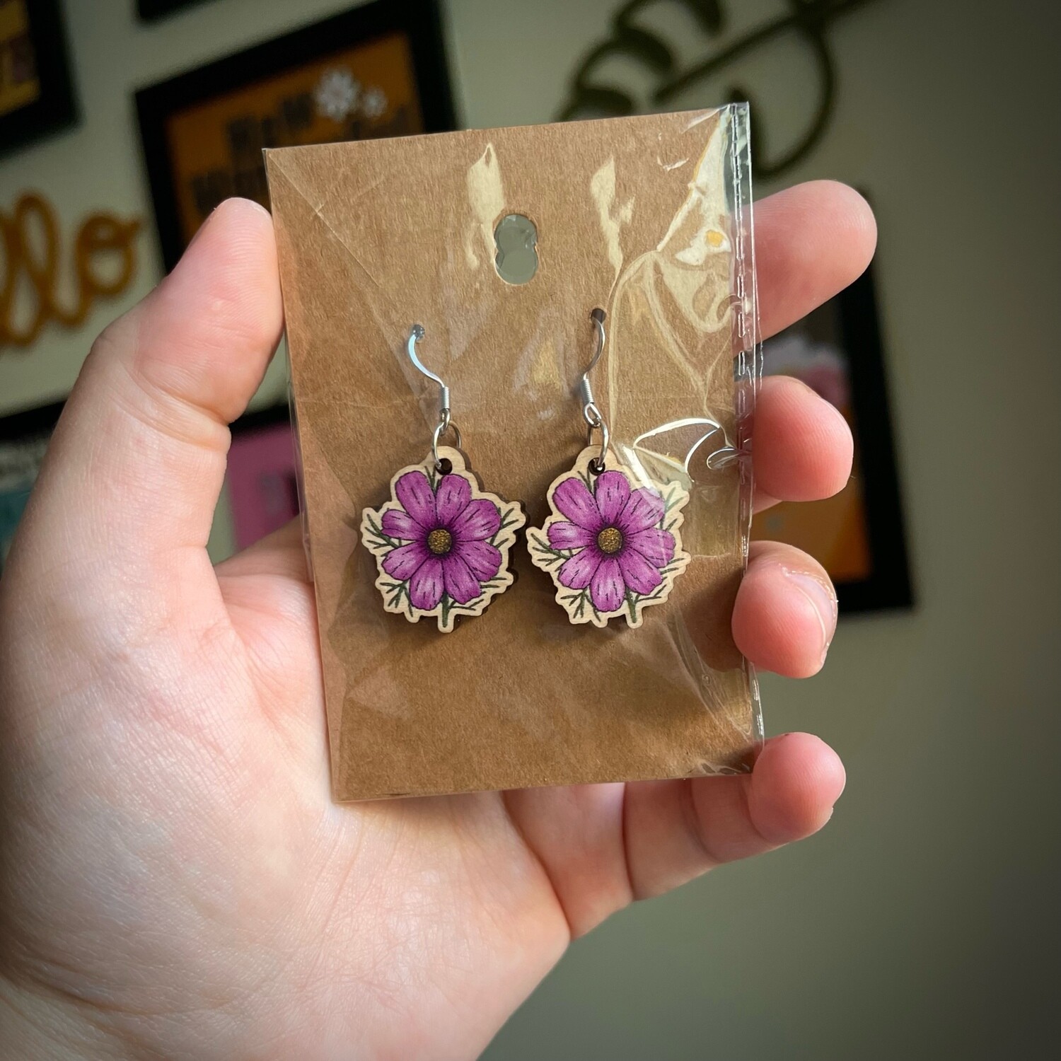 Cosmos Flower Wooden Earrings