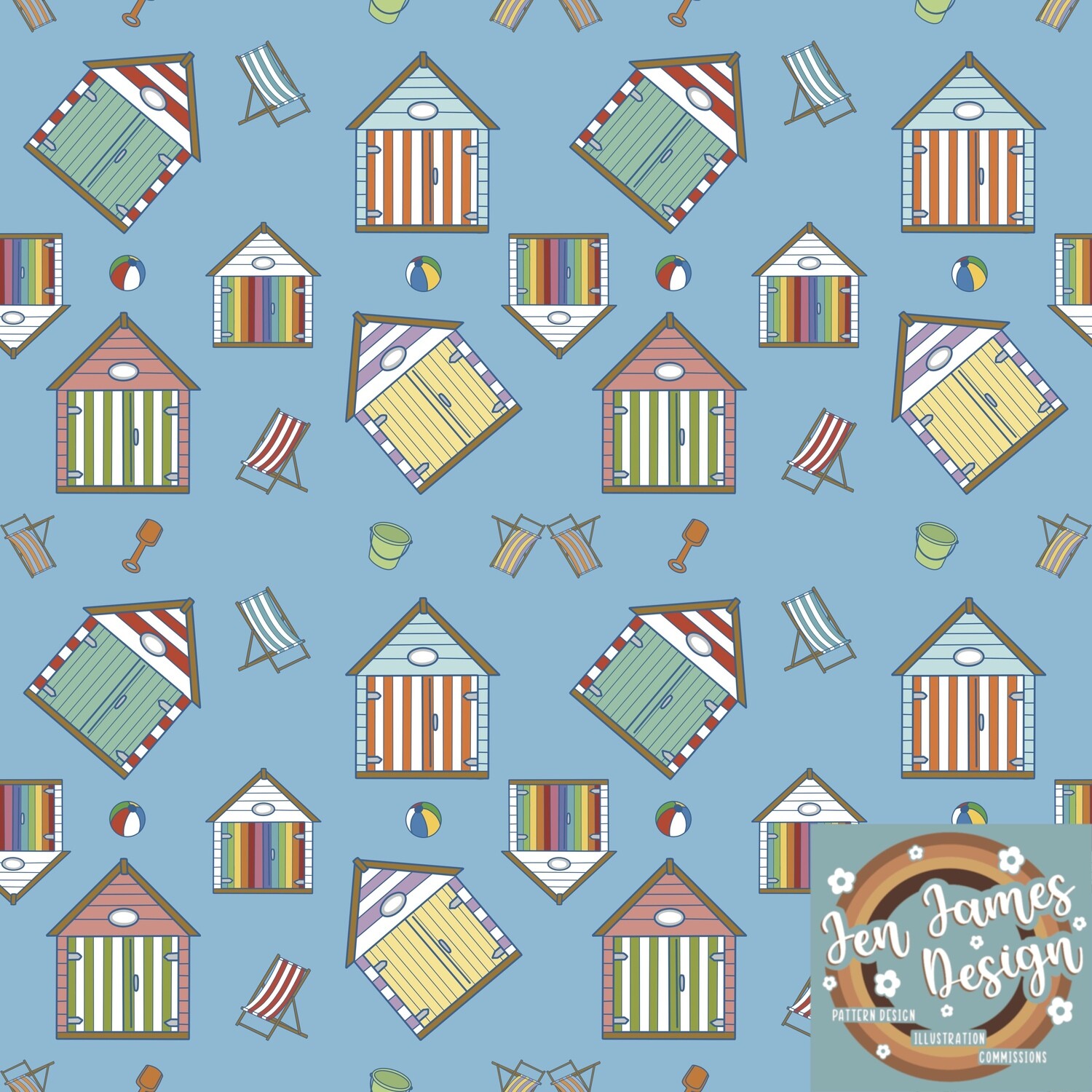 Beach Days- Seamless Tile Pattern, Base Colour: Sky Blue