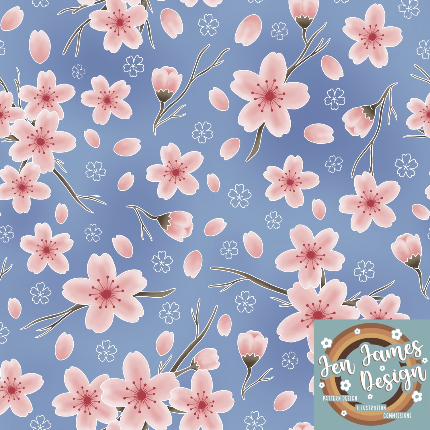 Cherry Blossom- Seamless Tile Pattern, Base Colour: Pale Blue