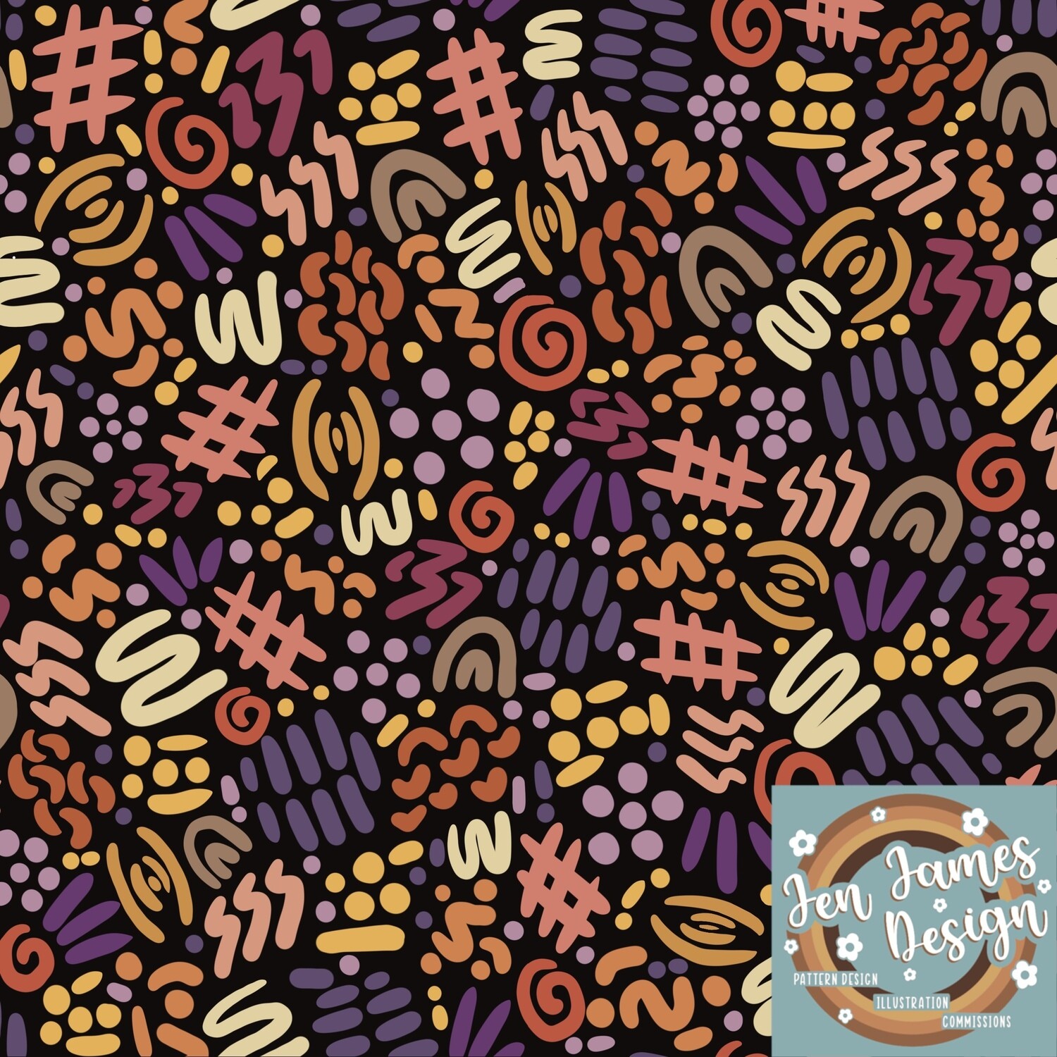 Aztec Scribbles- Seamless Tile Pattern, Base Colour: Black