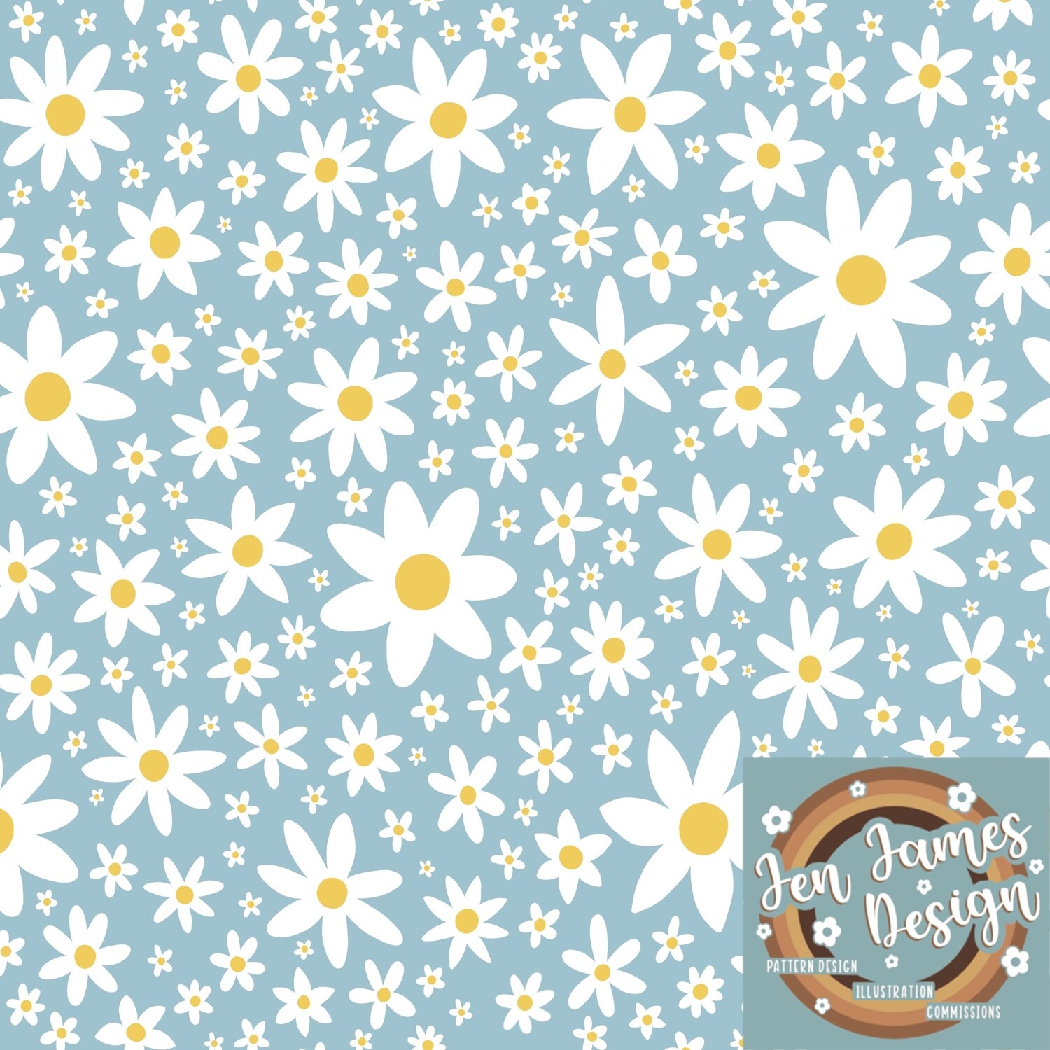 Daisies- Seamless Tile Pattern, Base Colour: Light Blue