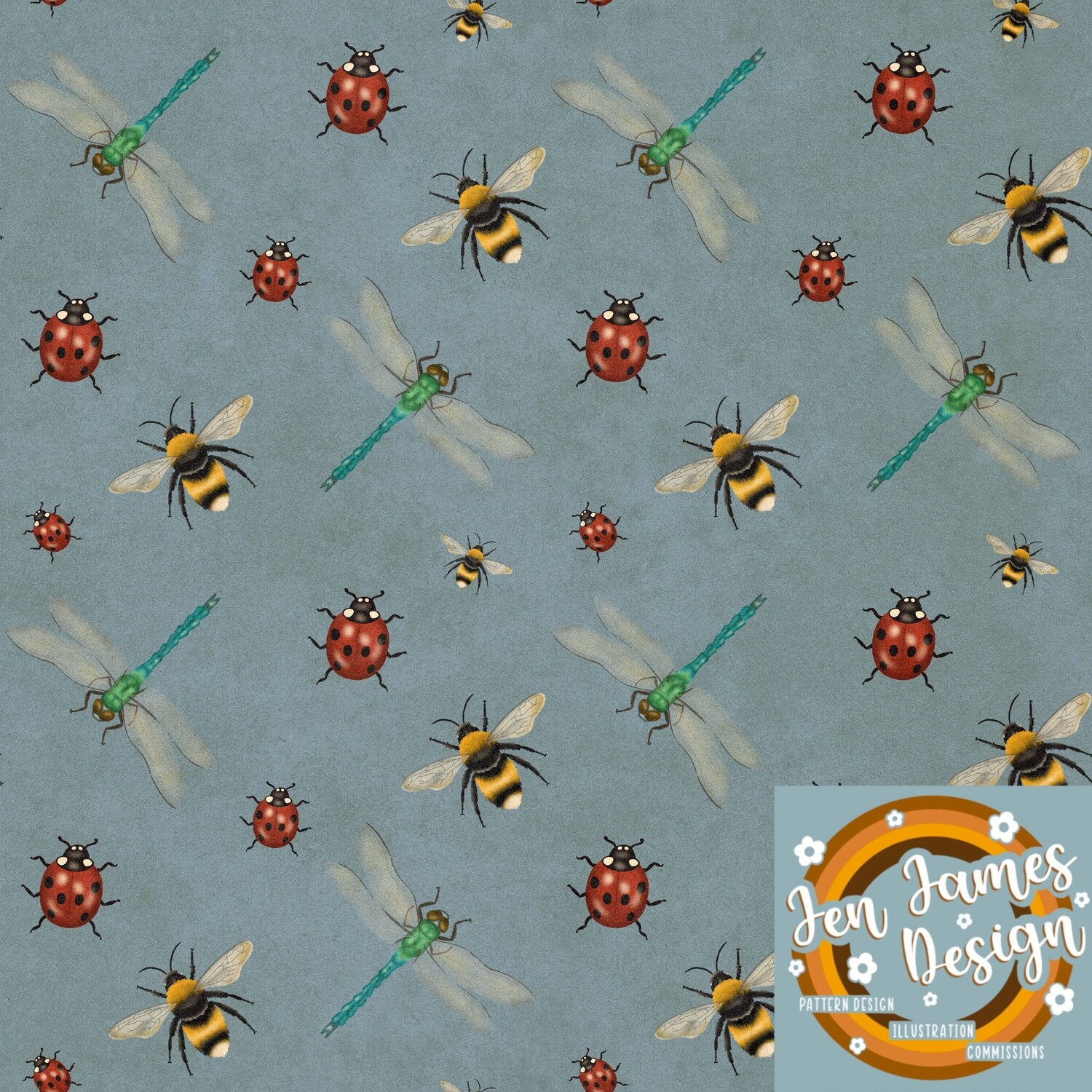 Spring Bugs- Seamless Tile Pattern, Base Colour: Light Blue
