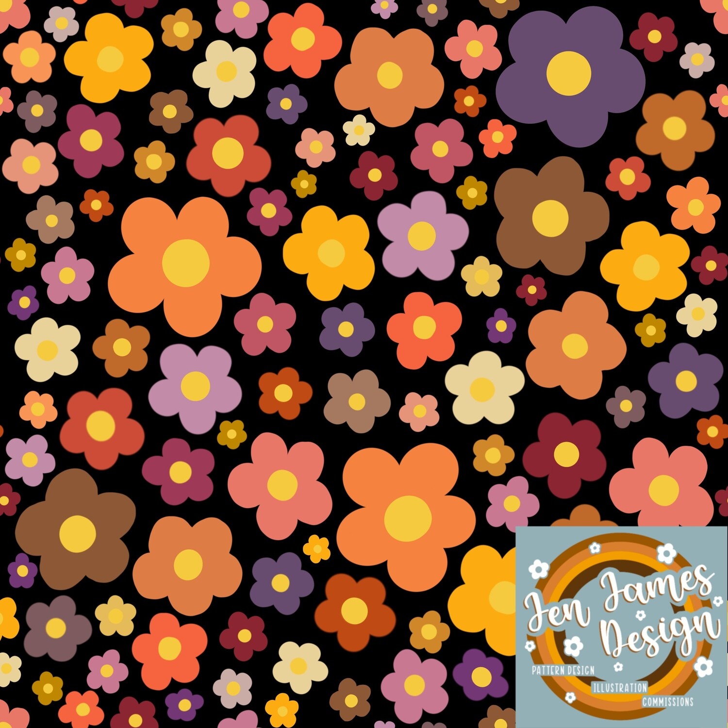 70s Floral- Seamless Tile Pattern, Base Colour: Black