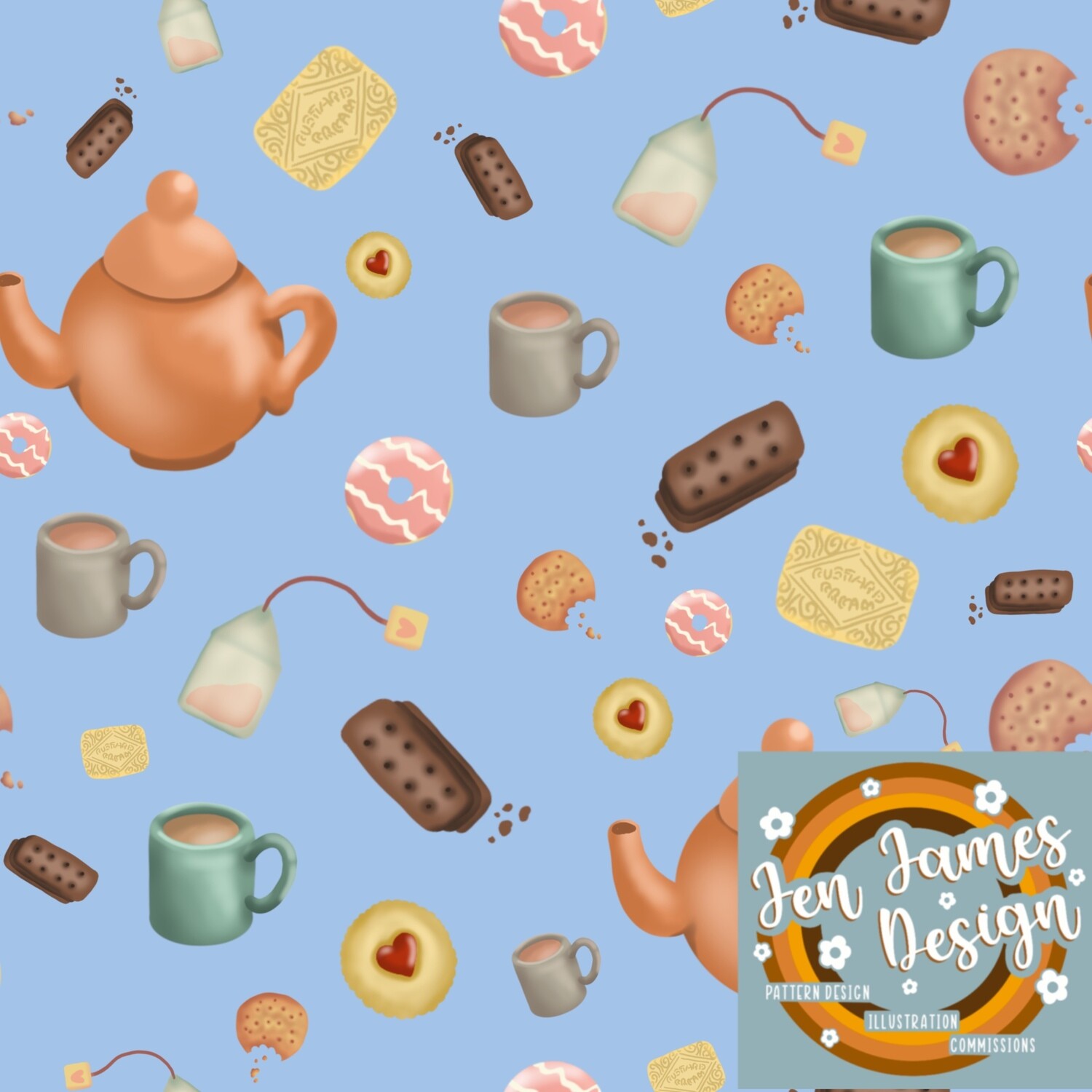 Tea Time- Seamless Tile Pattern, Base Colour: Sky Blue