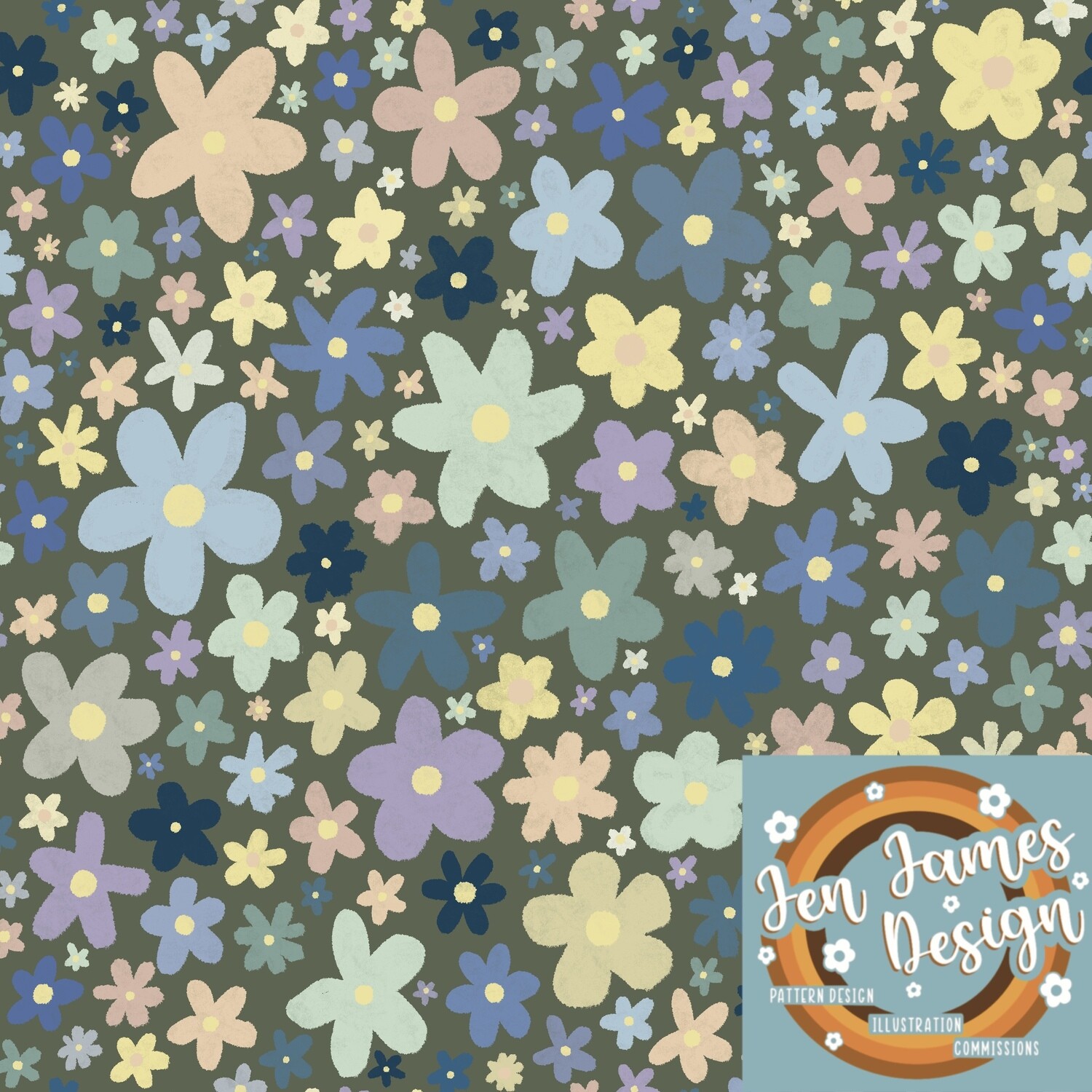 Watercolour Ditsy Floral- Seamless Tile Pattern, Base Colour: Moss