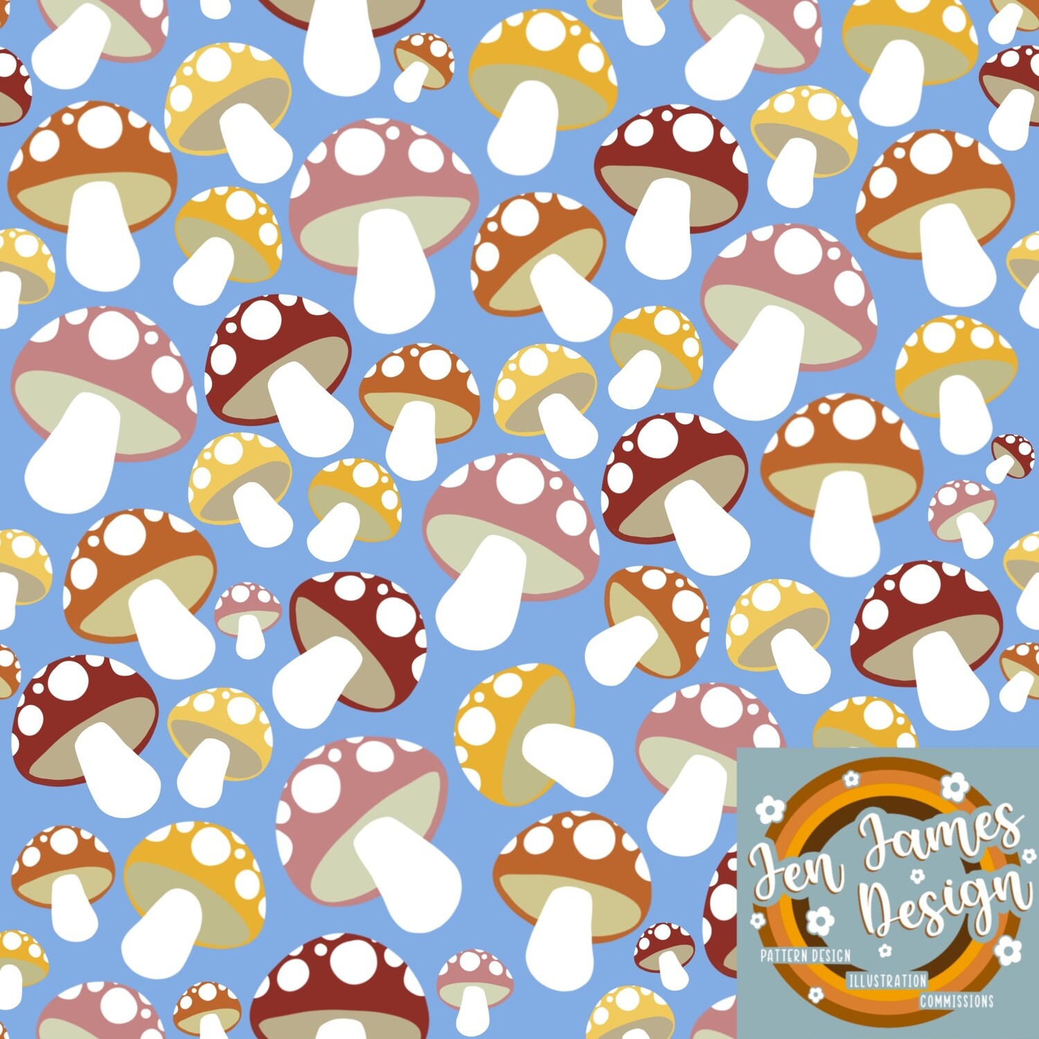 Toadstools- Seamless Tile Pattern, Base Colour: Sky Blue