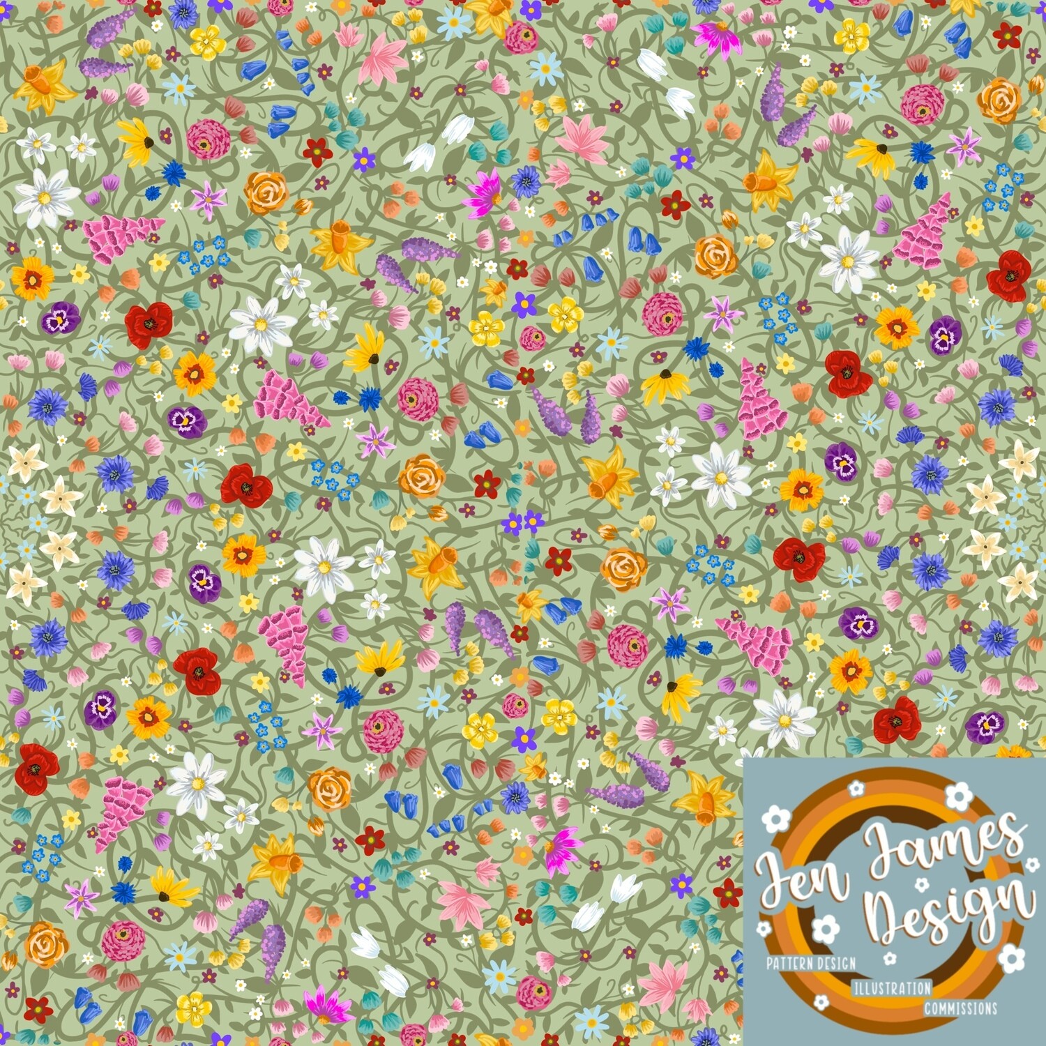 Wildflowers- Seamless Tile Pattern, Base Colour: Sage