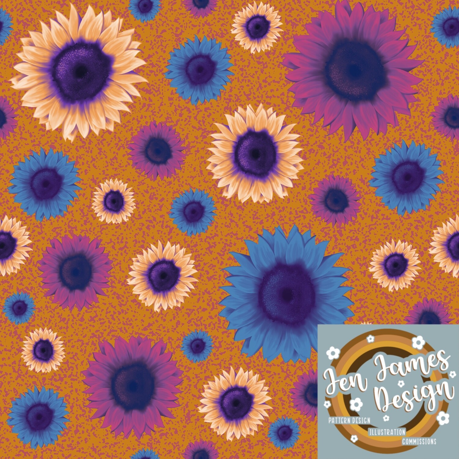 Trippy Sunflowers- Seamless Tile Pattern, Base Colour: Orange