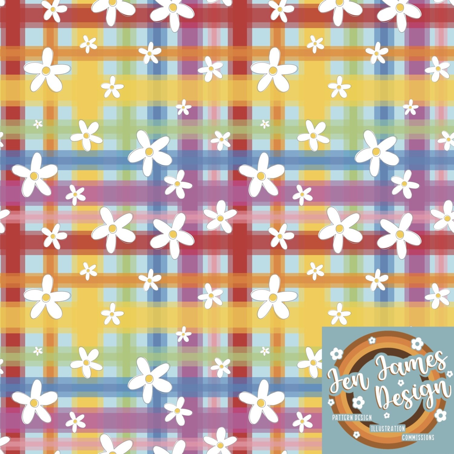 Rainbow spring floral tartan- Seamless Tile Pattern, Base Colour: Pale Blue