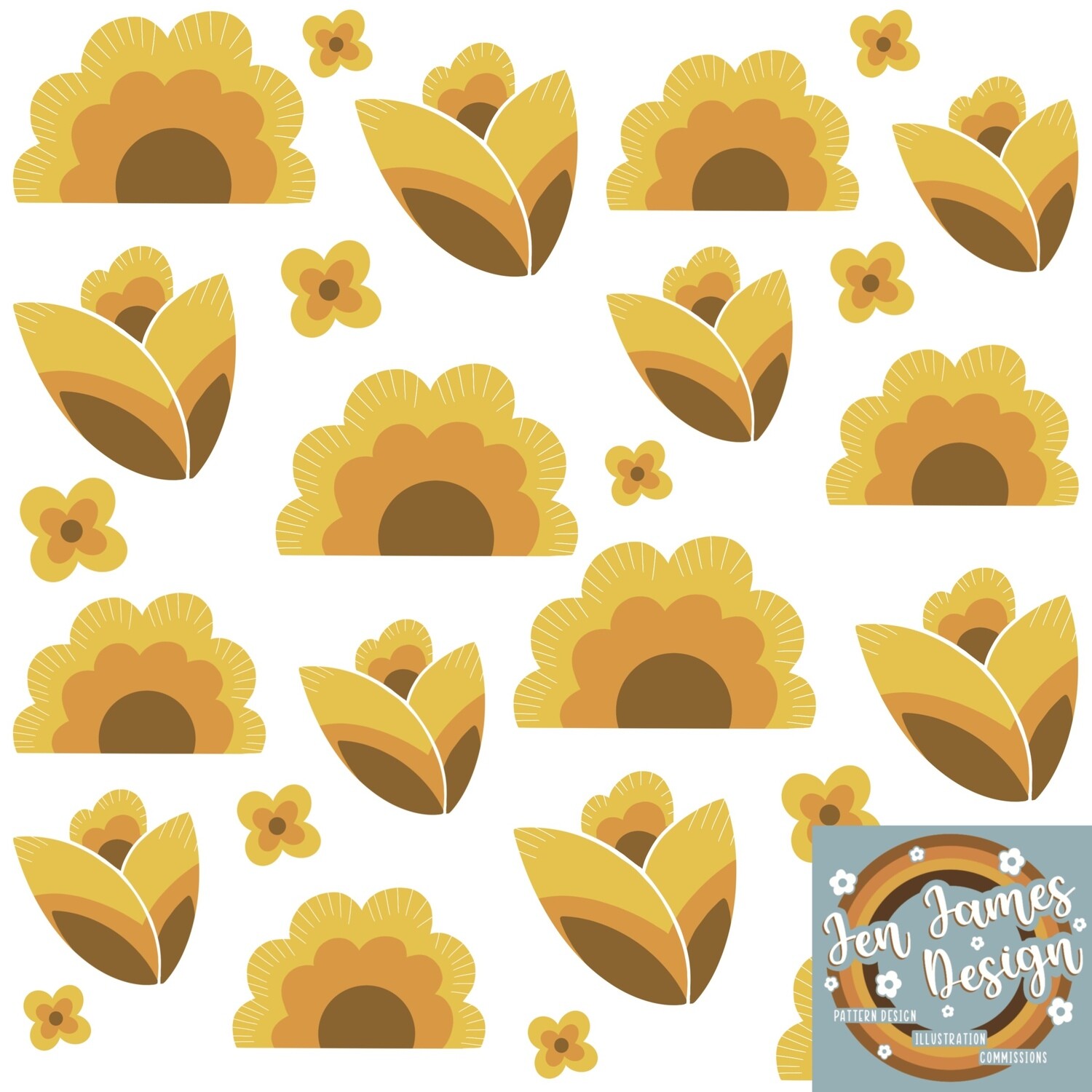 Retro Scandi Floral- Seamless Tile Pattern, Base Colour: Mustard