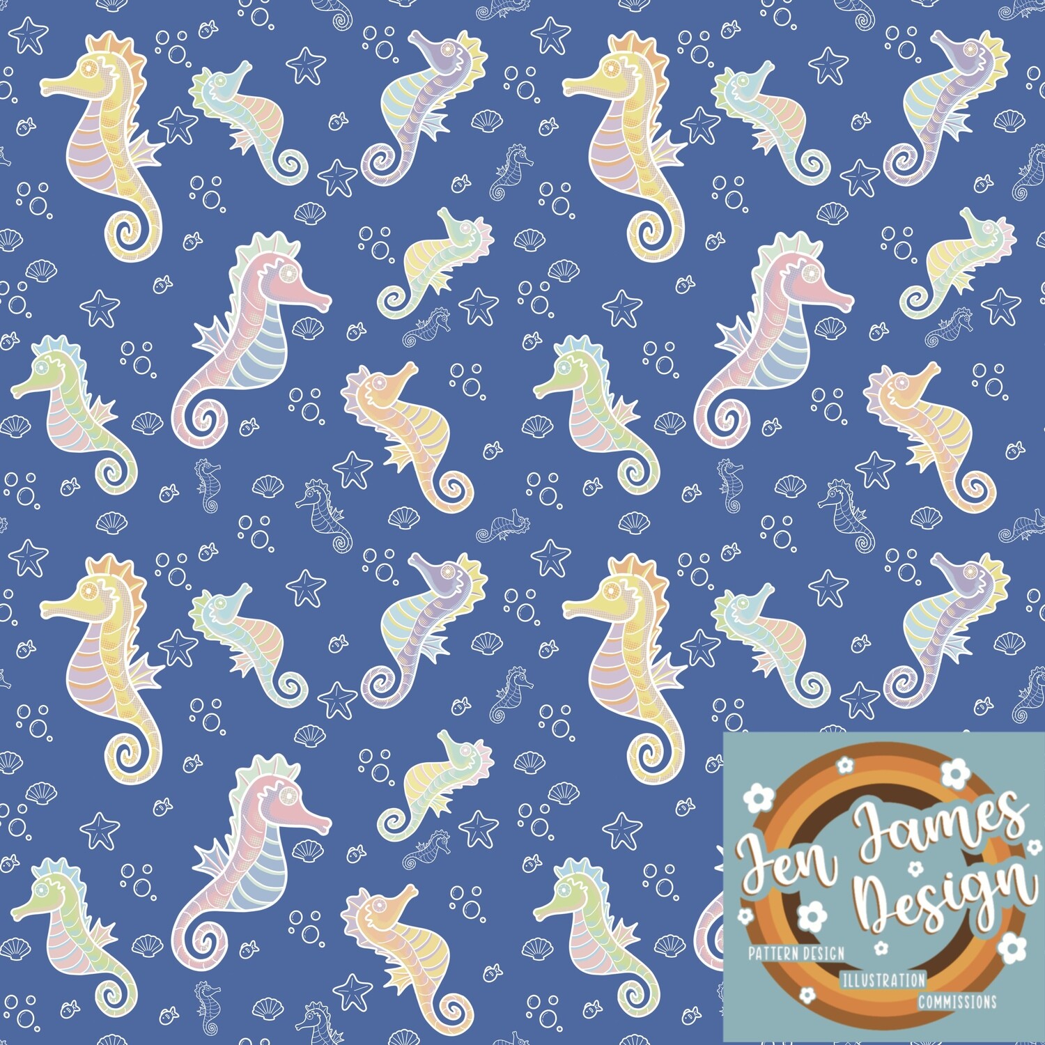 Seahorses- Seamless Tile Pattern, Base Colour: Ocean