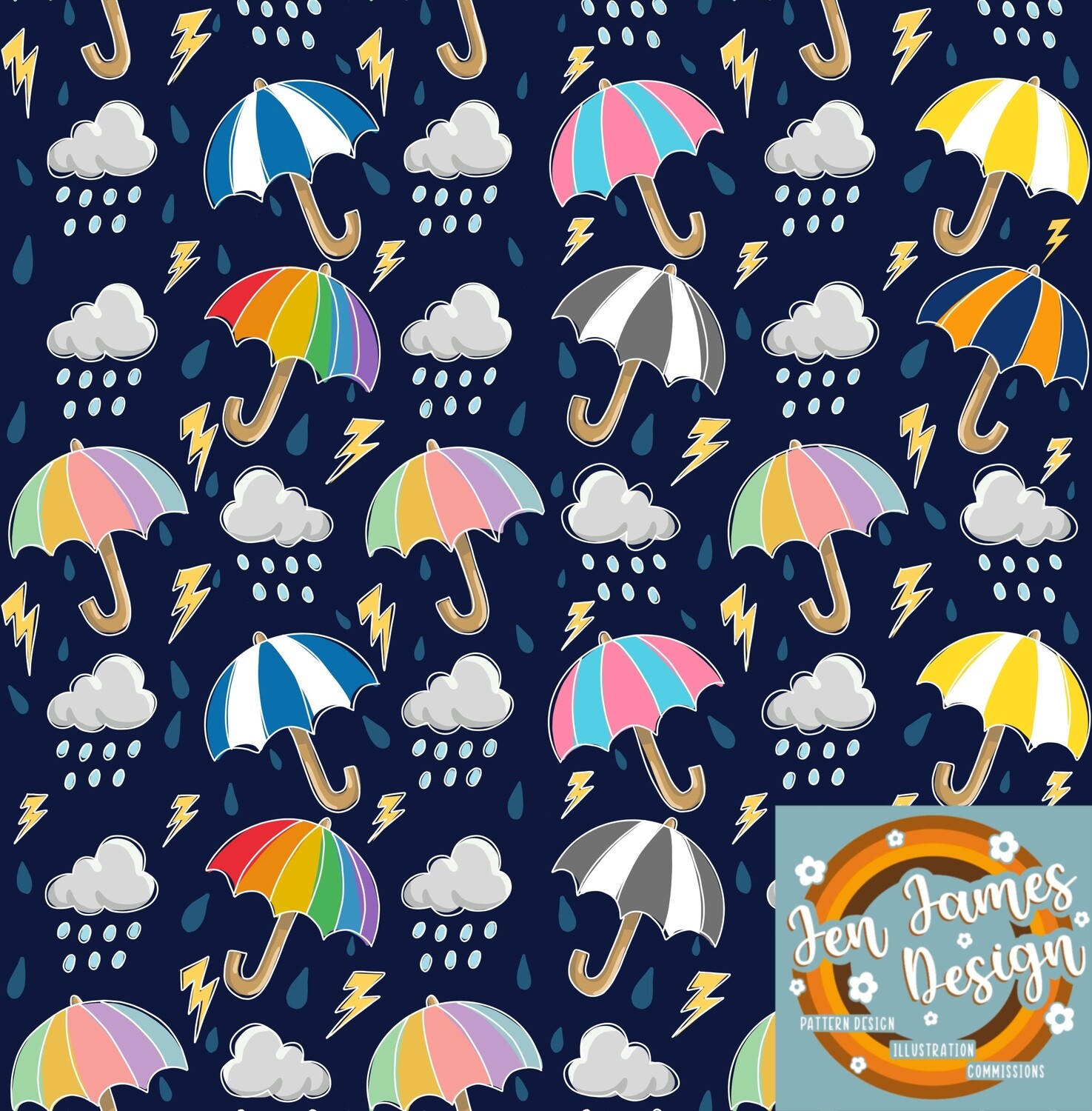Rainy Day- Seamless Tile Pattern, Base Colour: Navy