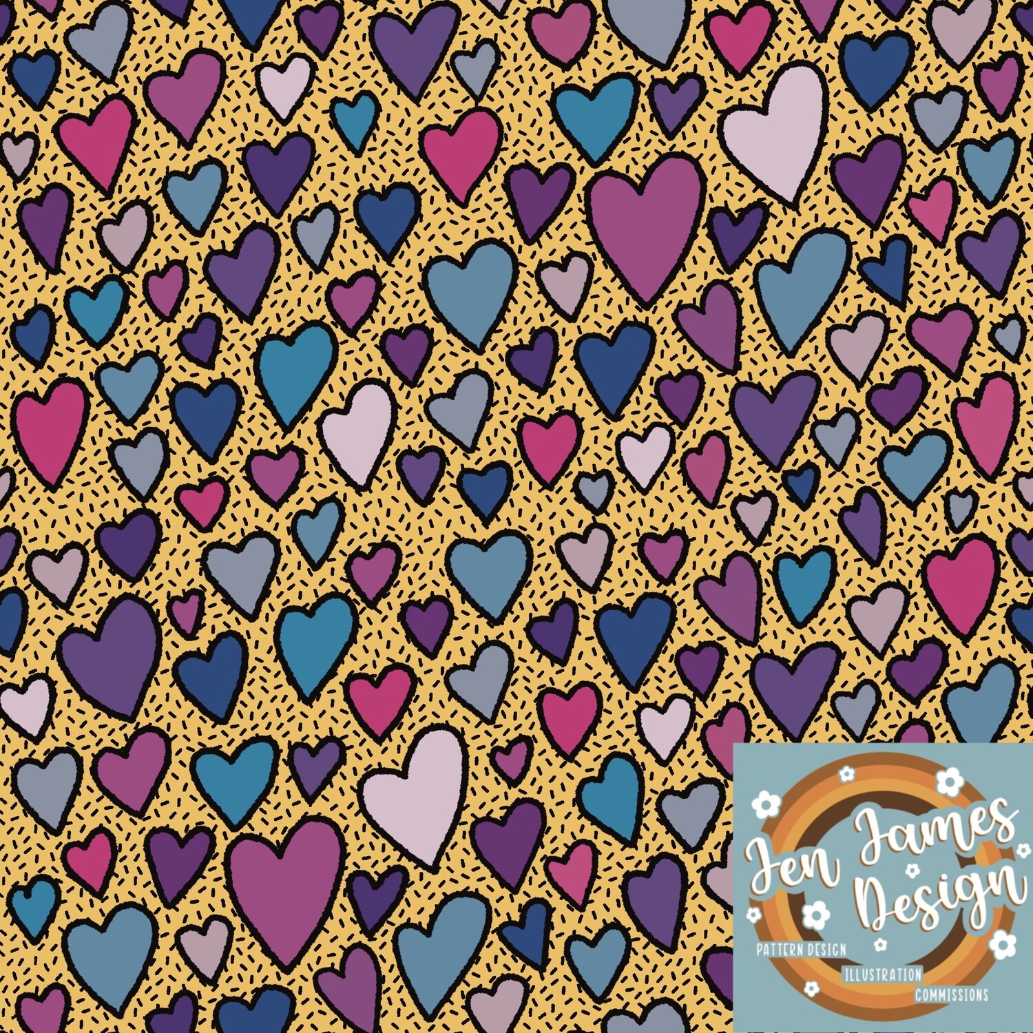 Old School Hearts- Seamless Tile Pattern, Colour way: Yellow