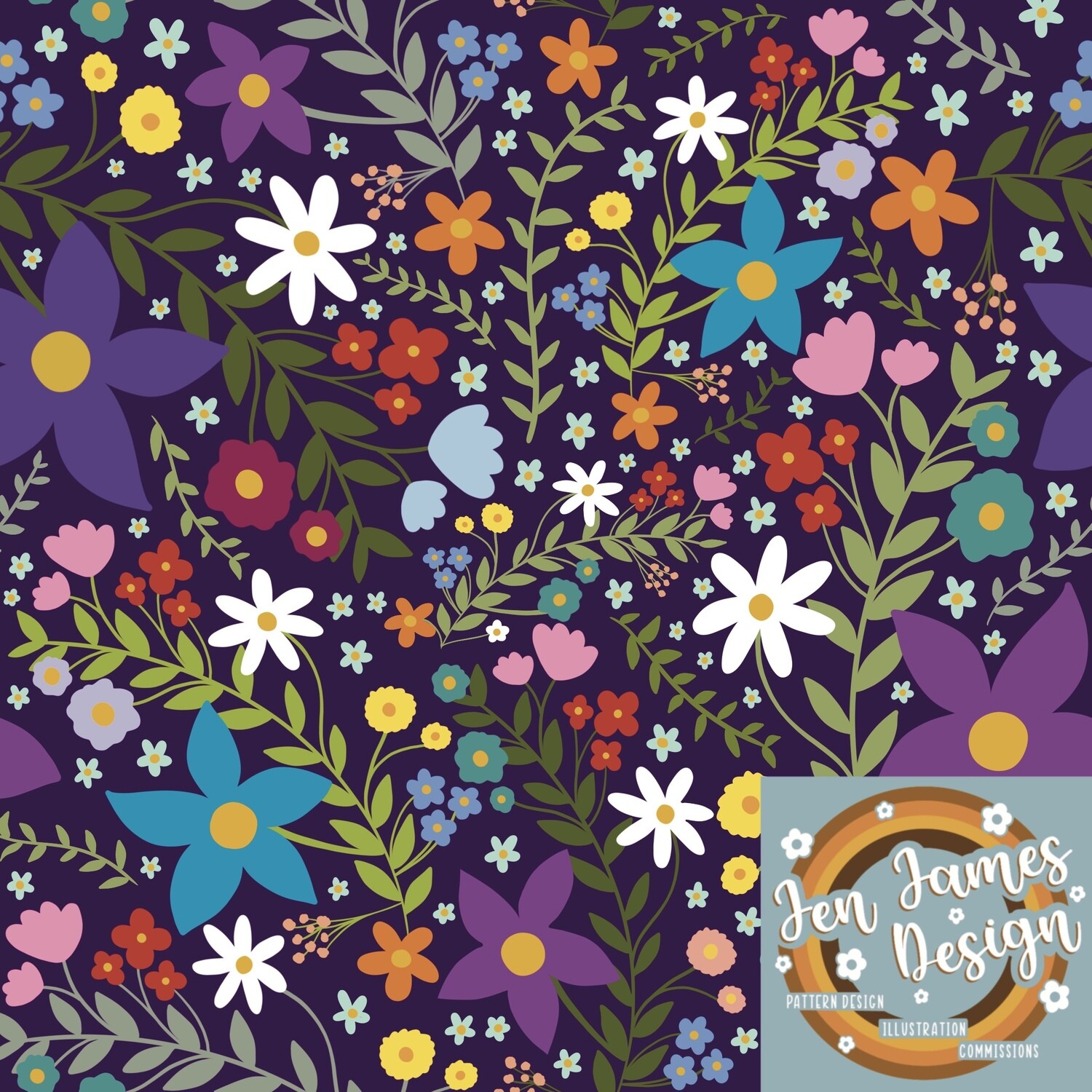Spring Floral- Seamless Tile Pattern, Base Colour: Deep Purple