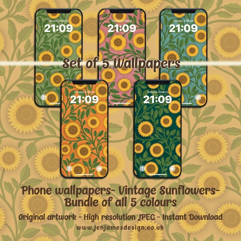 Vintage Sunflowers- Set of 5 phone wallpapers