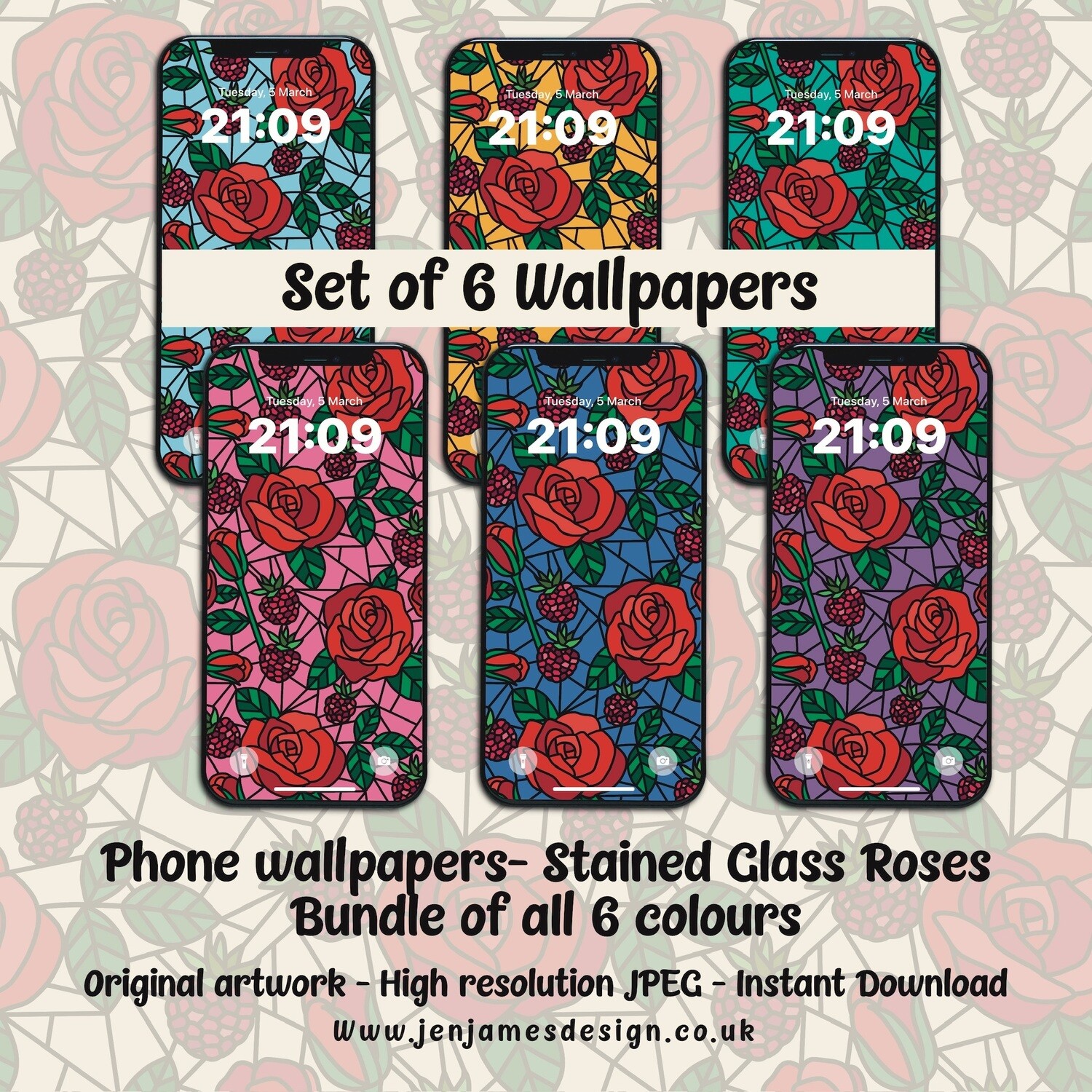 Stained Glass Roses- Set of 5 phone wallpapers