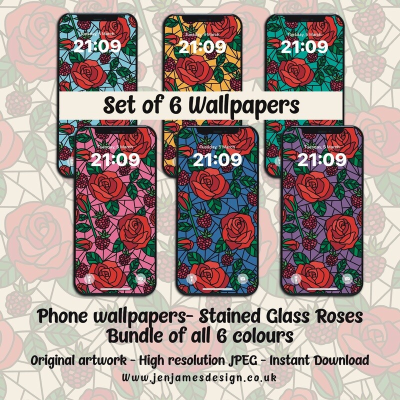 Stained Glass Roses- Set of 5 phone wallpapers