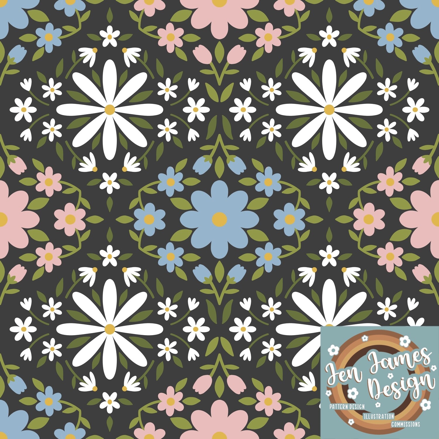 Traditional Floral- Seamless Tile Pattern, Base colour: Grey/Pink/Blue