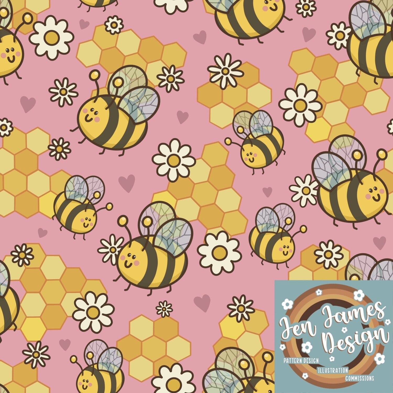 Busy Bees- Seamless Tile Pattern, Base colour: Pink