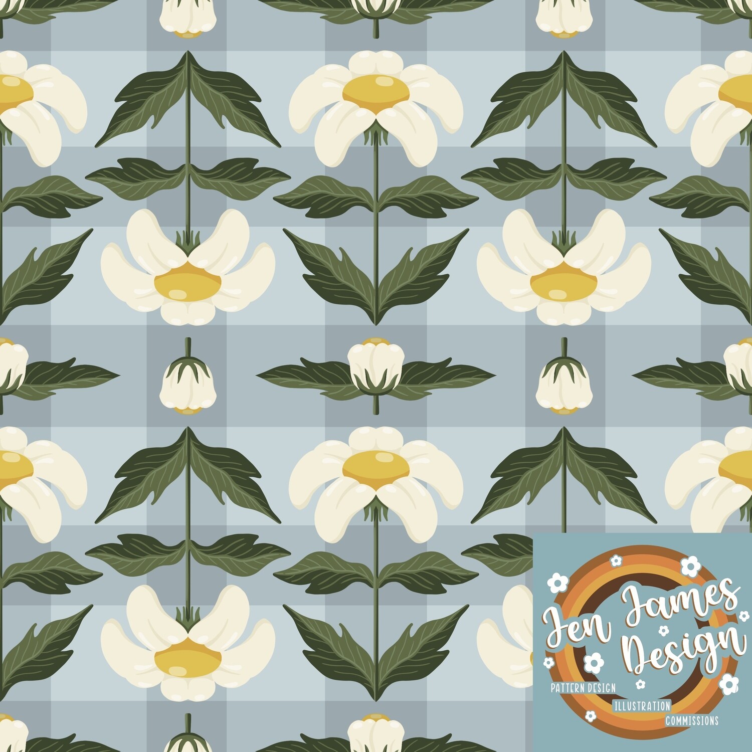 Daisy Picnic- Seamless Tile Pattern, Base colour: Sky Blue