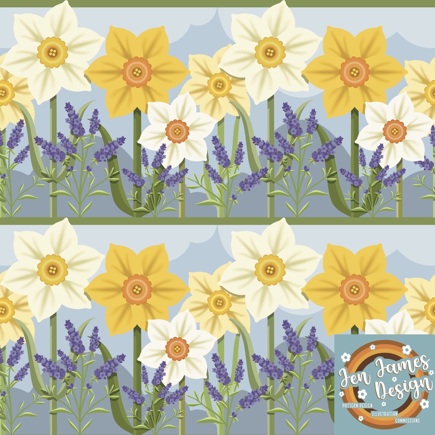 Daffodils &amp; Lavender- Seamless Tile Pattern, Base colour: Sky Blue