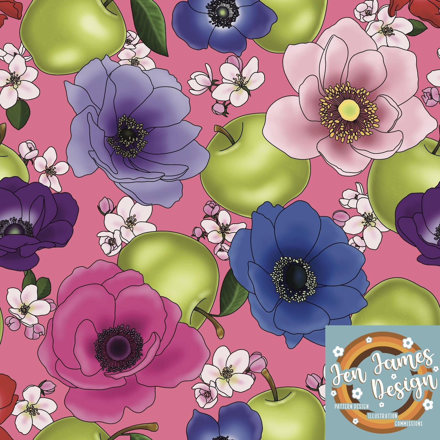 Anemones &amp; Apples- Seamless Tile Pattern, Base colour: Pink