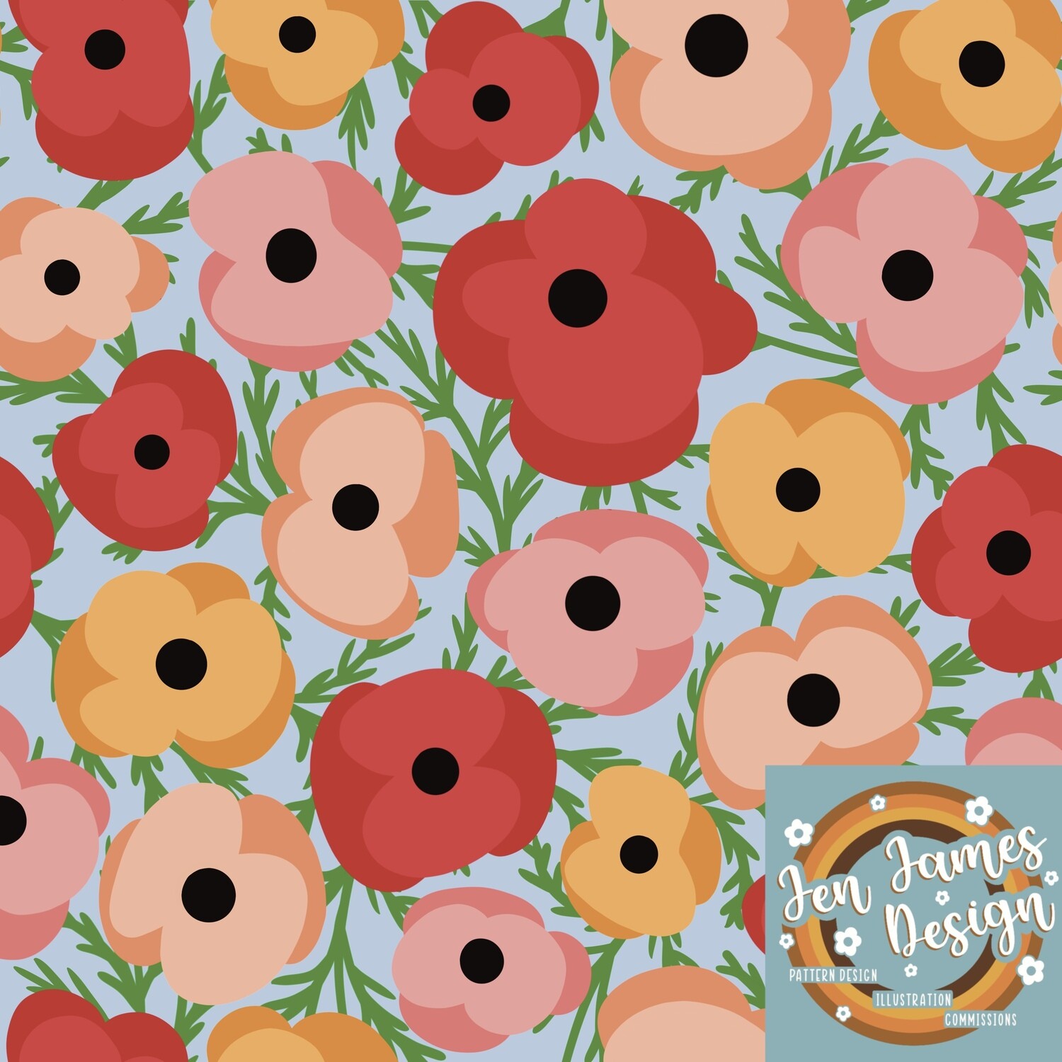 Poppies- Seamless Tile Pattern, Base colour: Sky Blue