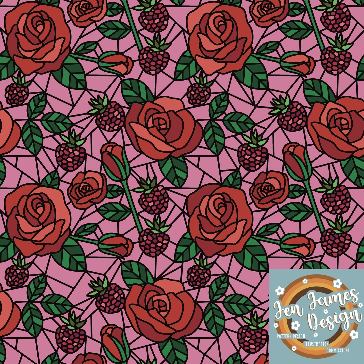 Stained Glass Roses- Seamless Tile Pattern, Base colour: Pink