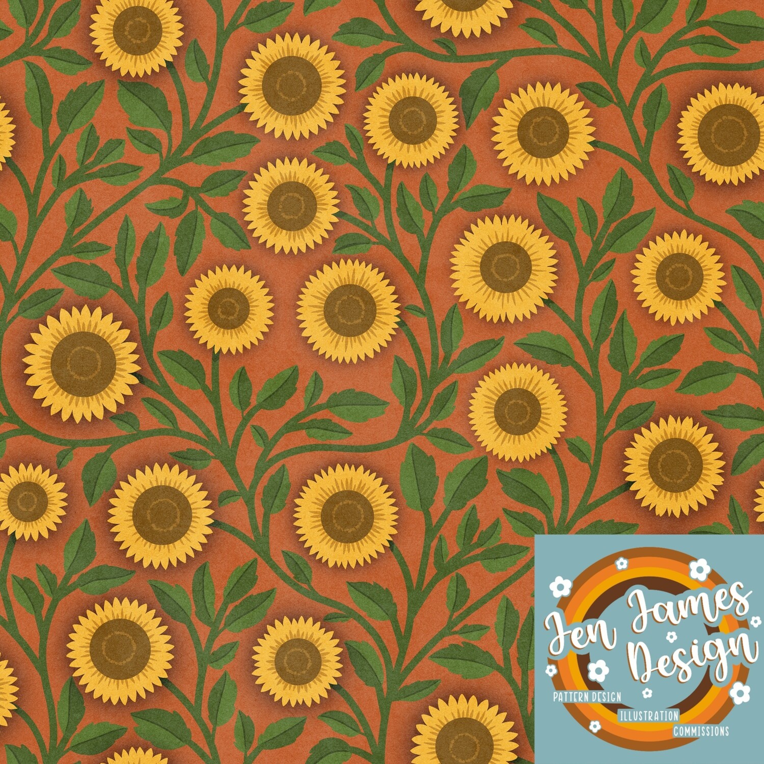 Vintage Sunflowers- Seamless Tile Pattern, Colour: Orange