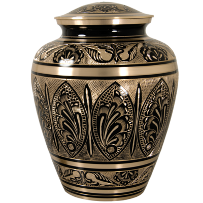 Ornate Etched Black and Brass Urn