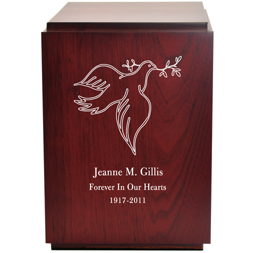 Classic Cherry Finish Wood Urn with Engraved Dove
