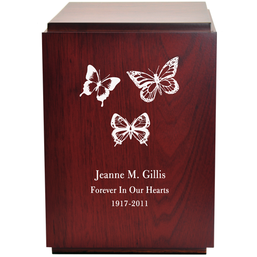 Classic Cherry Finish Wood Urn with Engraved Butterflies