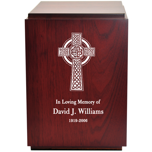 Classic Cherry Finish Wood Urn with Engraved Celtic Cross