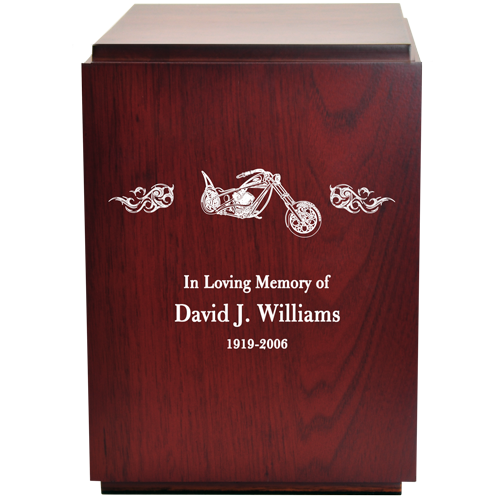 Classic Cherry Finish Wood Urn with Engraved Motorcycle and Flames