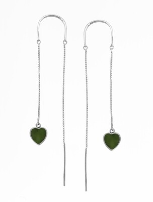 Greenstone and Silver Heart Thread Earrings - ST2