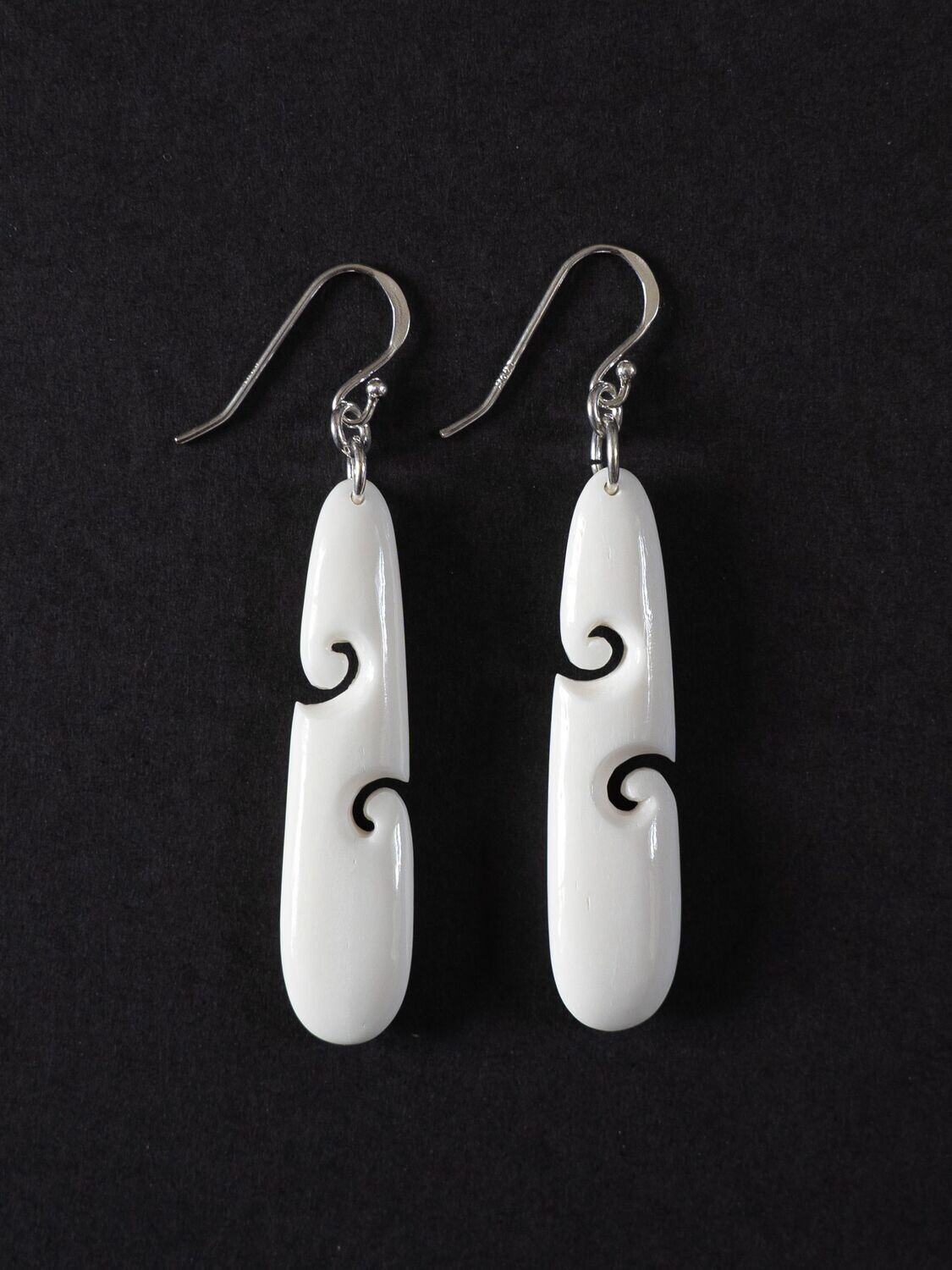 AB52 Hand Carved Double Koru Bone Drop and Sterling Silver Earrings