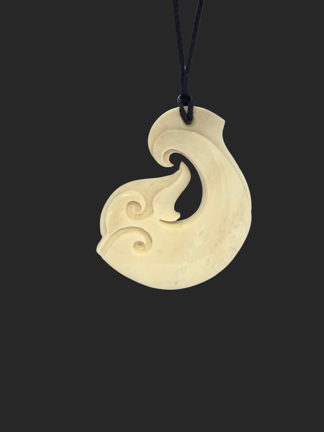 Hand Carved Bone Carving Hei Matau (Hook) with Koru