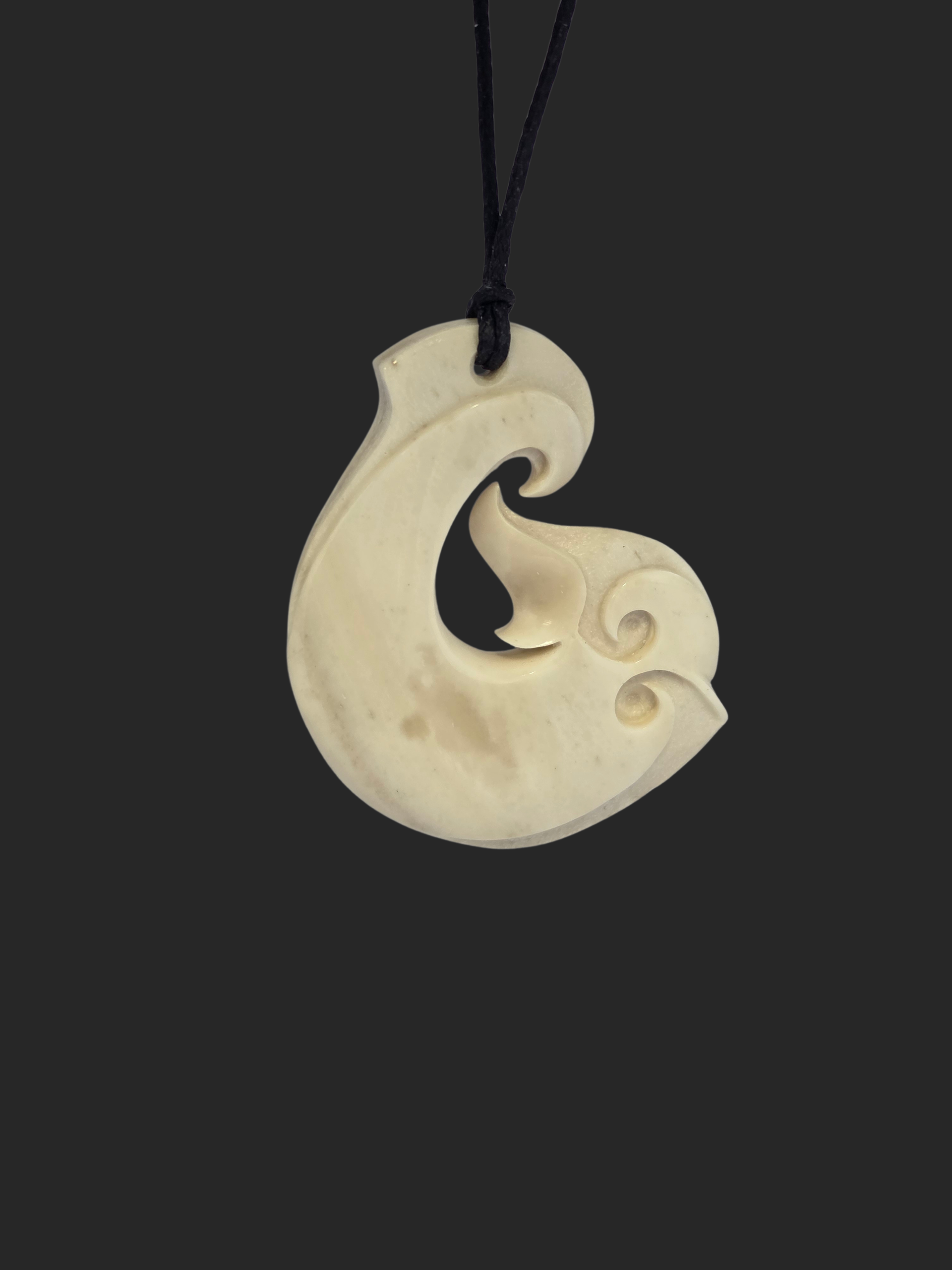 Hand Carved Bone Carving Hei Matau (Hook) with Koru