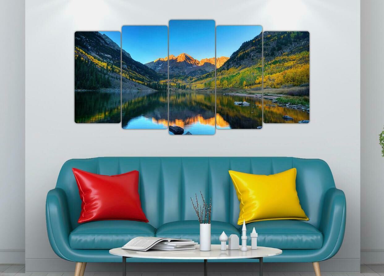 5 pcs very beautiful wood frame size 100 x 50cm Lake between mountain no holes no drilling RRP 50 pound