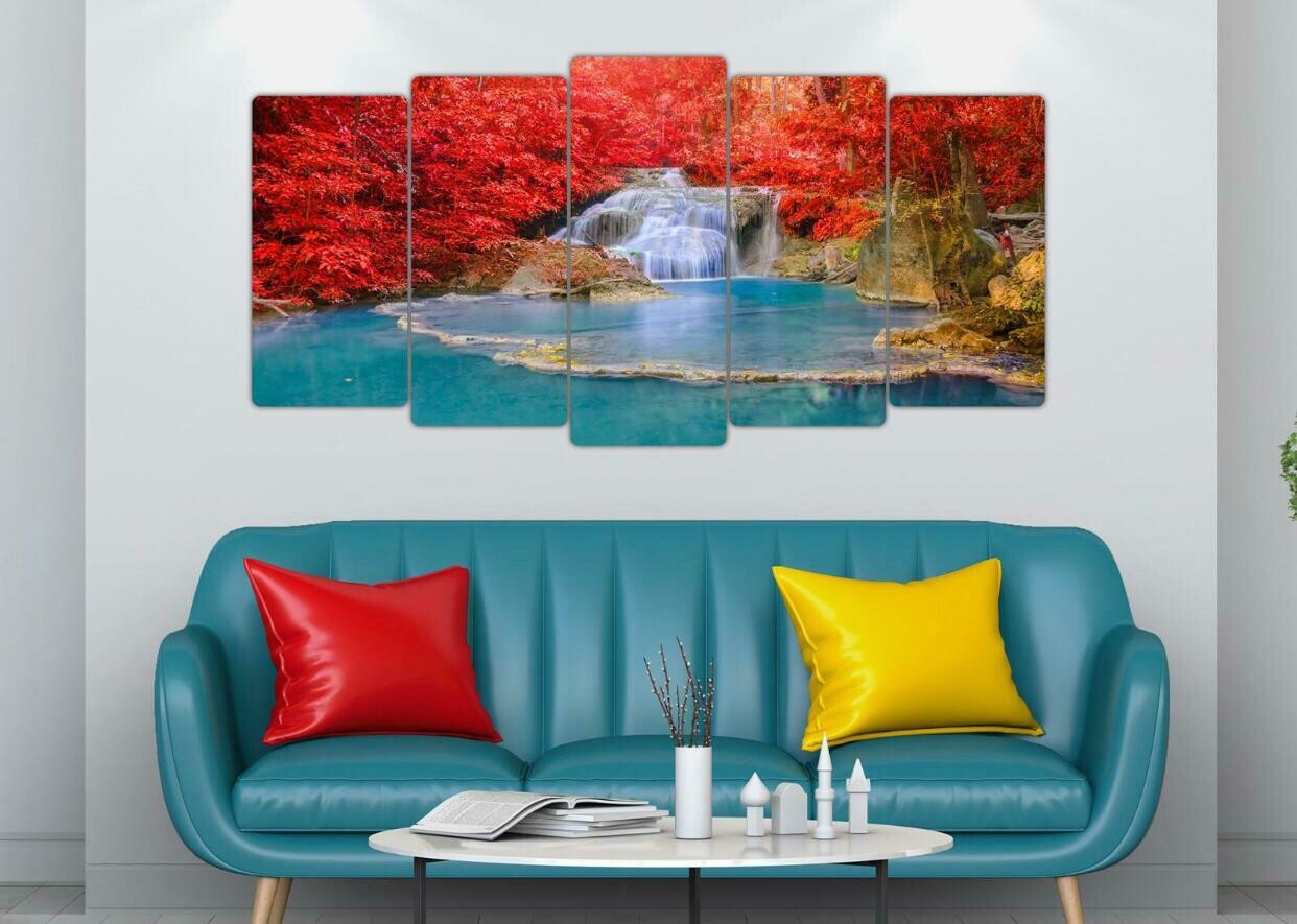 5 pcs very beautiful wood frame size 100 x 50cm Lake with red tree leaves no holes no drilling RRP 50 pound