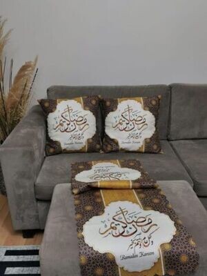 Ramadan decoration 3 pieces Ramadan set, 2 pillows cover, 1 table cover, Color: Brown